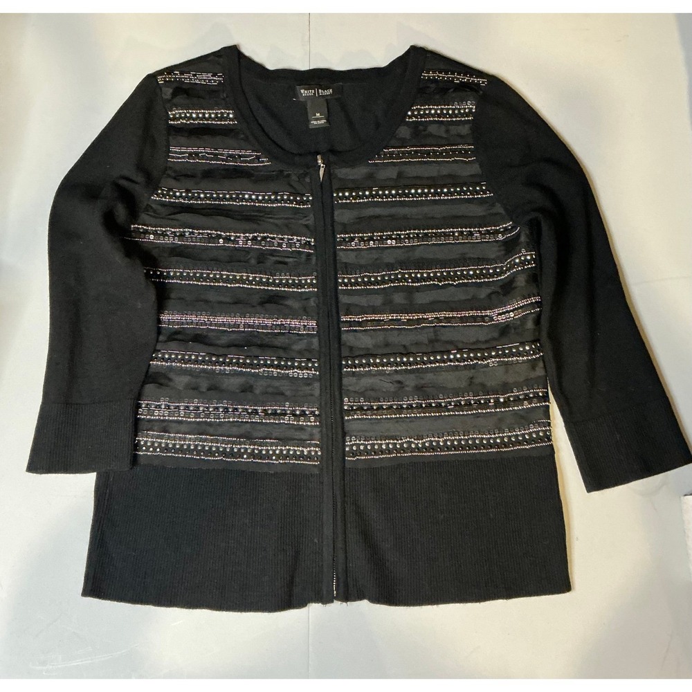 Black 3/4 sleeve zip cardigan sweater beaded sequin detail size medium